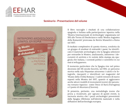 SEMINARIO- Patrimonio arqueológico español en Roma. Presentazione del volume. EEHAR-ROMA 22 de Febrero.